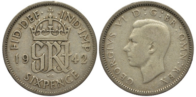 Великобритания 6 пенсов 1942 Георг VI (1936-1952) KM 852, Spink 4084 серебро 4538-447