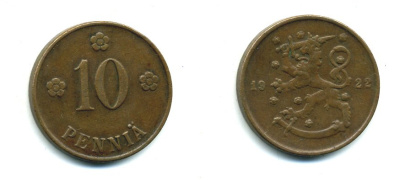 Финляндия 10 пенни 1922 республика (1918-1962) KM 24 медь 46-635