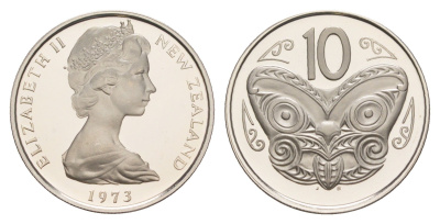 Новая Зеландия 10 центов 1973 тираж 8.000 экземпляров KM 41 медно-никель PROOF 4127-1342