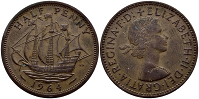 Великобритания 1/2 пенни 1964 Елизавета II (1952-2022) KM 896, Spink 4158 бронза 51-2447