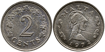Мальта 2 цента 1972 Пентесилея, царица амазонок KM 9 медь цинк 4387-649
