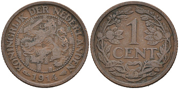 Нидерланды 1 цент 1914 Вильгельмина (1890-1948) KM 152 бронза 4576-713