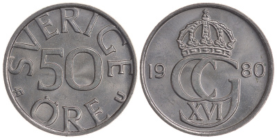 Швеция 50 эре 1980 U, Карл XVI Густав (1973- ) KM 855 медно-никель UNC 4364-1553