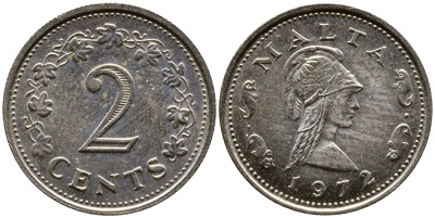 Мальта 2 цента 1972 Пентесилея, царица амазонок KM 9 медь цинк 4387-649
