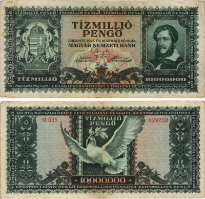 Венгрия 10000000 пенго 1945 Лайош Кошут, голубь Pick 123 бумага 8564-26-1-2