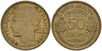 Франция 50 сантимов 1938  KM 894.1 алюминиевая бронза 4115-128