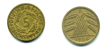 ГЕРМАНИЯ 5 РЕЙХСПФЕННИГОВ 1924 E, KM 39, J. 316 алюминиевая бронза 46-2135