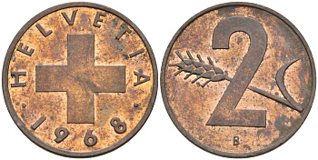 Швейцария 2 раппена 1968 В KM 47 бронза 4582-834