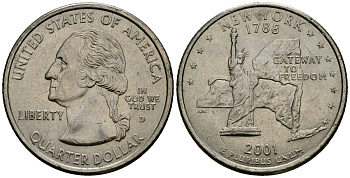 США 25 центов = квотер 2001 D, серия штаты США, Нью-Йорк KM 318 медь плакированный медно-никелем 4138-1013