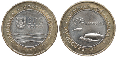 Португалия 200 эскудо 1997 EXPO-98, дельфины KM 694 биметалл 4536-912