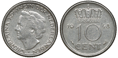 Нидерланды 10 центов 1948 Вильгельмина (1895-1948) KM 177 никель 72-1662