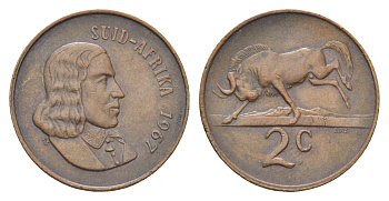 ЮАР 2 цента 1967 Ян ван Рибек (1619-1677), Suid Africa, легенда на африкаанс, антилопа гну KM 66.2 бронза 4702-839
