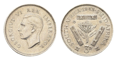 ЮАР 3 пенса 1943 Георг VI (1936-1952) KM 26 серебро 4690-916