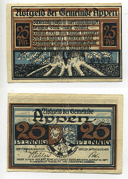 АППЕН 25 ПФЕННИГОВ 1921 НОТГЕЛЬД, ЗЕМЛЯ ШЛЕЗВИГ-ГОЛЬШТЕЙН Grabowski 39.1 бумага 7217-53-4