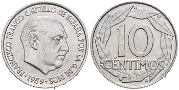 Испания 10 сентимо 1959 Франсиско Франко (1939-1975) KM 790 алюминий 218-1062
