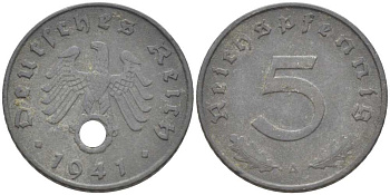 ГЕРМАНИЯ 5 РЕЙХСПФЕННИГОВ 1941 A KM 100, J. 370 цинк 211-538
