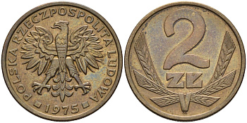Польша 2 злотых 1975 монетный двор Ленинград (ЛМД) KM 80.1, Parchimowicz 217a латунь 4580-731