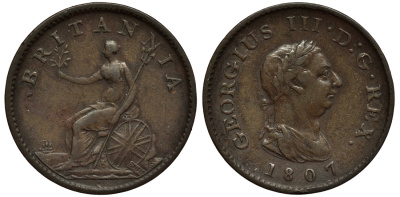 Великобритания 1 фартинг 1807 Георг III (1760-1820) KM 661, Spink 3782 медь 00-00