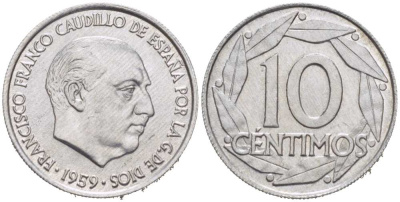 Испания 10 сентимо 1959 Франсиско Франко (1939-1975) KM 790 алюминий 218-1062
