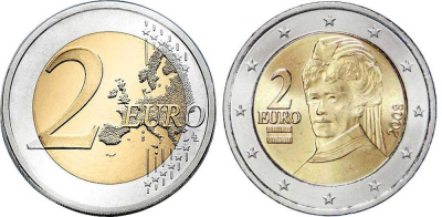 Австрия 2 евро 2008 Берта фон Зутнер KM 3143 биметалл UNC M44-19