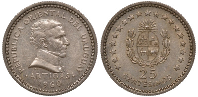 Уругвай 25 сентесимо 1960 KM 40 медно-никель 4169-1022