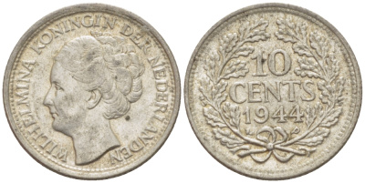 Нидерланды 10 центов 1944 Вильгельмина (1890-1948) KM 163 серебро aUNC 66-1241