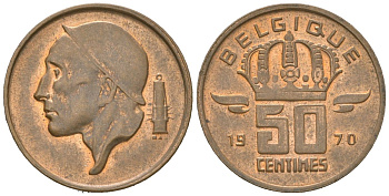 Бельгия 50 сантимов 1970 Belgique, Бодуэн I (1951-1993) KM 148 бронза UNC 4617-1131