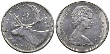 КАНАДА 25 ЦЕНТОВ 1978 ОЛЕНЬ, ЕЛИЗАВЕТА II KM 62b никель 4364-2021