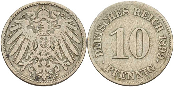 ГЕРМАНИЯ 10 ПФЕННИГОВ 1899 E KM 12, J. 13 медно-никель 4401-1115