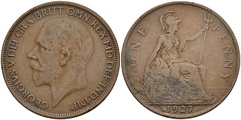 Великобритания 1 пенни 1927 Георг V (1910-1936) KM 826, Spink 4054 бронза 82-622