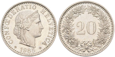 Швейцария 20 раппенов 1985 KM 29a медно-никель 55-1022