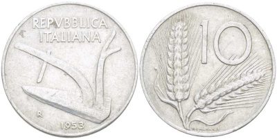 Италия 10 лир 1953 R, плуг, колосья KM 93 алюминий 175-342