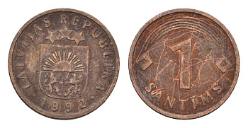 Латвия 1 сантим 1992 KM 15 сталь плакированная медью 105-269