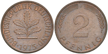 ФРГ 2 ПФЕННИГА 1975 J KM 106a, J.381a сталь плакированная сталь плакированная медьюю 75-443