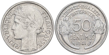 ФРАНЦИЯ 50 САНТИМОВ 1941 ТИП MORLON LOURDE KM 894.1a, LE FRANC 193.2 алюминий 44-331