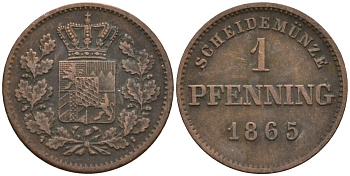 Бавария 1 пфенниг 1865 Людвиг II (1864-1886) KM 856 медь 4136-1254