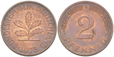 ФРГ 2 ПФЕННИГА 1975 D KM 106а, J. 381а сталь плакированная сталь плакированная медьюю 4181-816