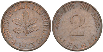 ФРГ 2 ПФЕННИГА 1975 J KM 106a, J.381a сталь плакированная сталь плакированная медьюю 75-443