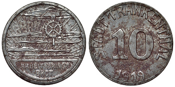 Германия, Франкенталь 10 пфеннигов 1919 Рейнлянд-Пфальц, нотгельд Funck 135.13 железо 4119-1114