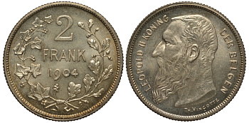 БЕЛЬГИЯ 2 ФРАНКА 1904 ЛЕОПОЛЬД II (1865-1909), BELGEN KM 59 серебро аUNC 02-264-68