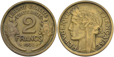 Франция 2 франка 1933 Третья республика (1871-1940) KM 886, Le Franc 219.3 алюминиевая бронза 4144-331