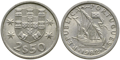 ПОРТУГАЛИЯ 2,5 ЭСКУДО 1982 ПАРУСНИК KM 590 медно-никель 4387-126