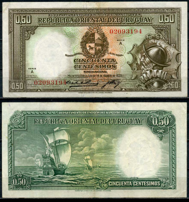 Уругвай 50 сентесимо 1935 конкистадор, Парусные суда приближаются к Монтевидео, серия A, две подписи, Alberto Puig, Jorge West Pick 27 a (1)  бумага   451-673-1
