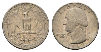 США 25 центов (квотер, 1/4 доллара) 1967 Вашингтон KM 164a медь плакированная медно-никелем 4673-1052