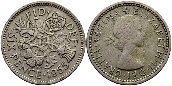 Великобритания 6 пенсов 1955 Елизавета II (1952-2022) KM 903, Spink 4149 медно-никель 3458-222