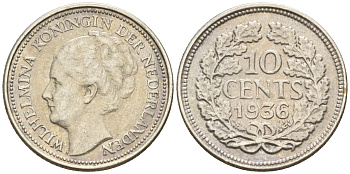 Нидерланды 10 центов 1936 Вильгельмина I (1890-1948) КМ 163 серебро  4160-1238