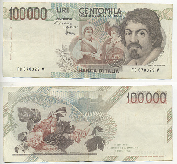 Италия 100000 лир 1983 Караваджо, фруктовый букет, подпись Speziali Pick 110b бумага 7220-30-2