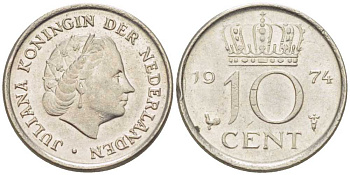 НИДЕРЛАНДЫ 10 ЦЕНТОВ 1974 ЮЛИАНА (1948-1980) KM 182 никель 116-668