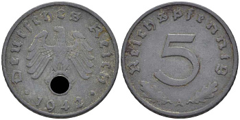 ГЕРМАНИЯ 5 РЕЙХСПФЕННИГОВ 1942 A KM 100, J. 370 цинк 105-255