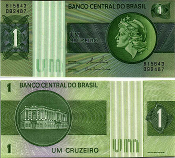 Бразилия 1 крузейро ND (1980) серия В 15ххх, подпись 20, голова свободы, здание Центрального банка Pick 191Ac бумага UNC (пресс) 7547-30-3-2